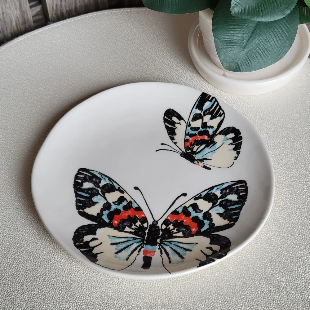 Butterfly Design Ceramic Plate: Black, Red, Blue -TAG